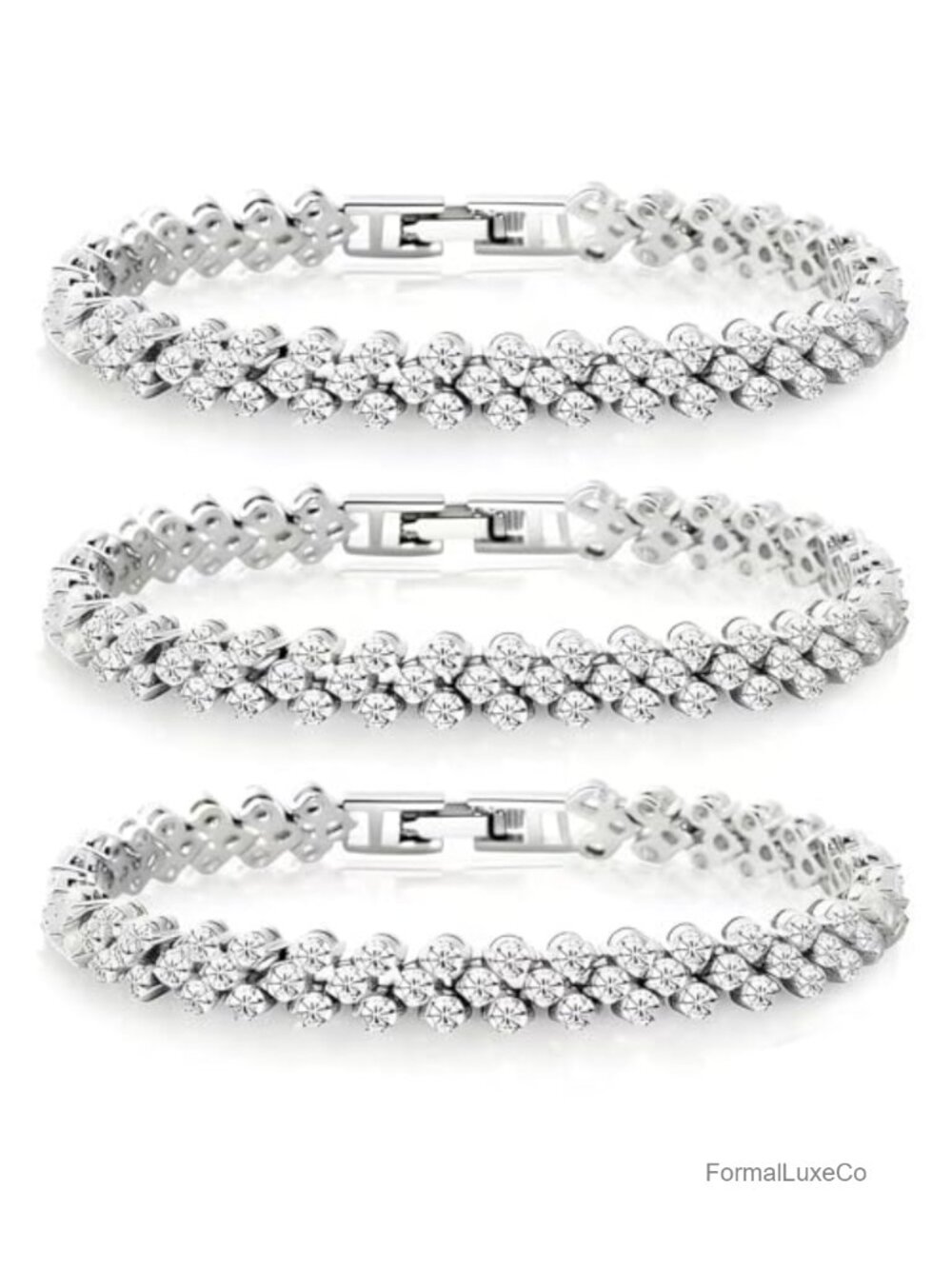 3-Pack Silver Rhinestone Tennis Bracelets Women Hollow Wavy Design Secure Clasp